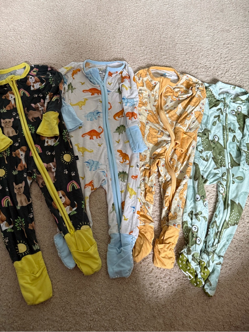 Baby bamboo Footed Pajamas Bundle- Dino, Dogs, Frogs and Pooh size 3-6 months
